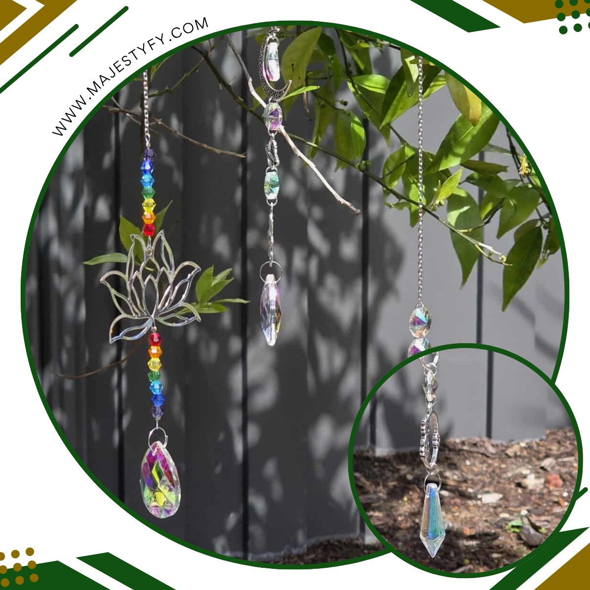 Decorative hanging crystal with colorful beads and leaf design against a natural background.